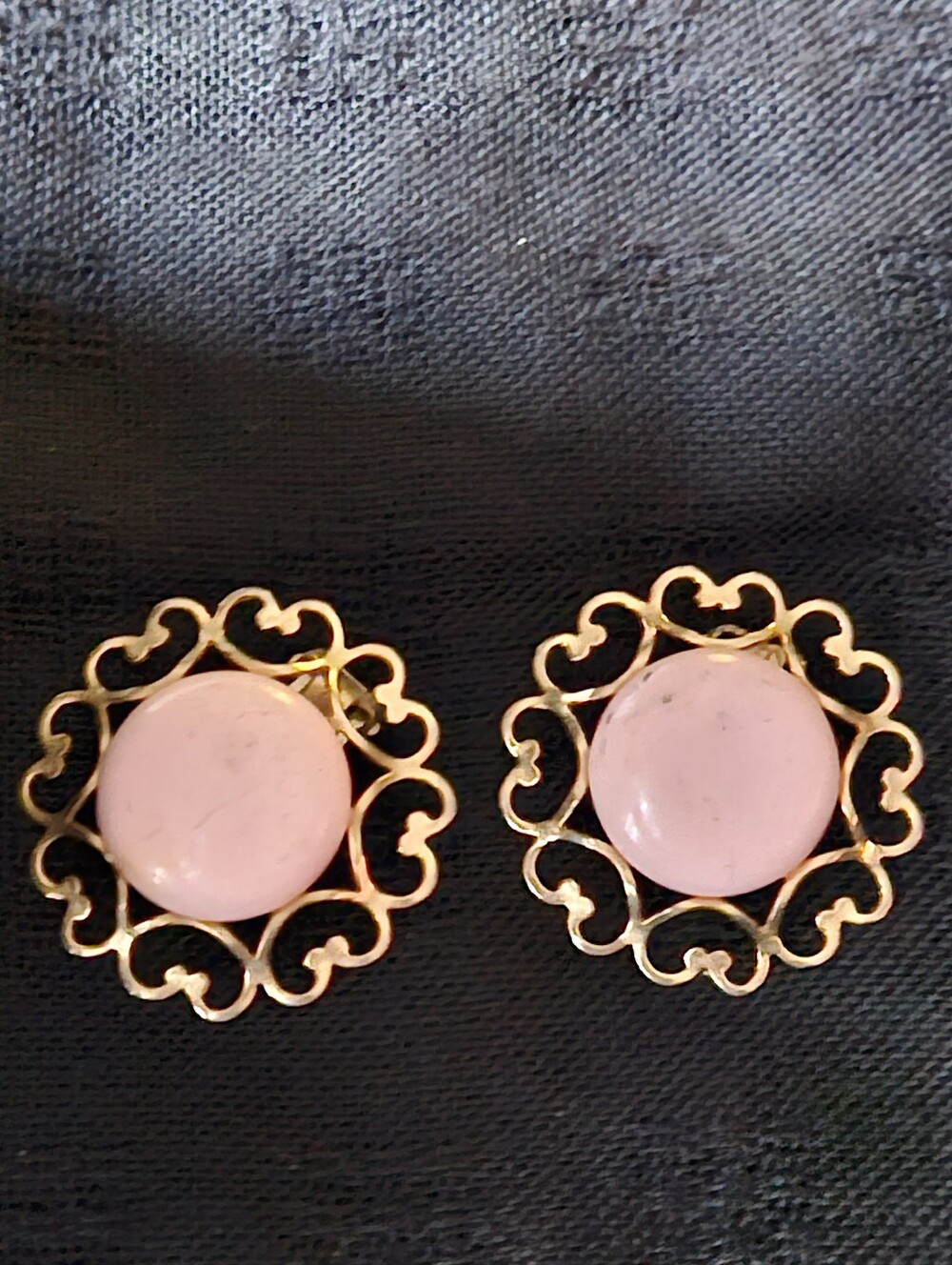 Vintage Gold Filigree Pink Stone Clip-On Earrings